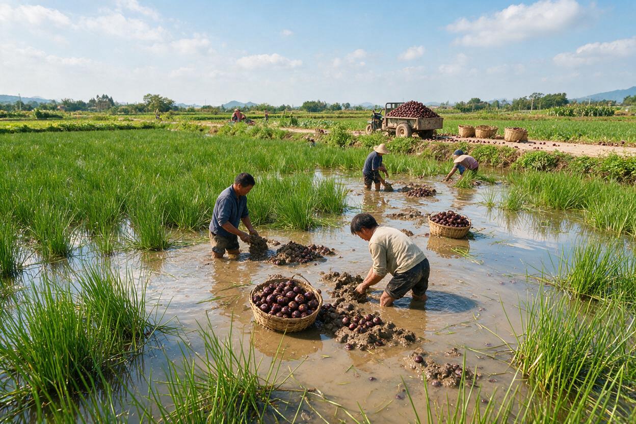 water chestnut harvest field in China